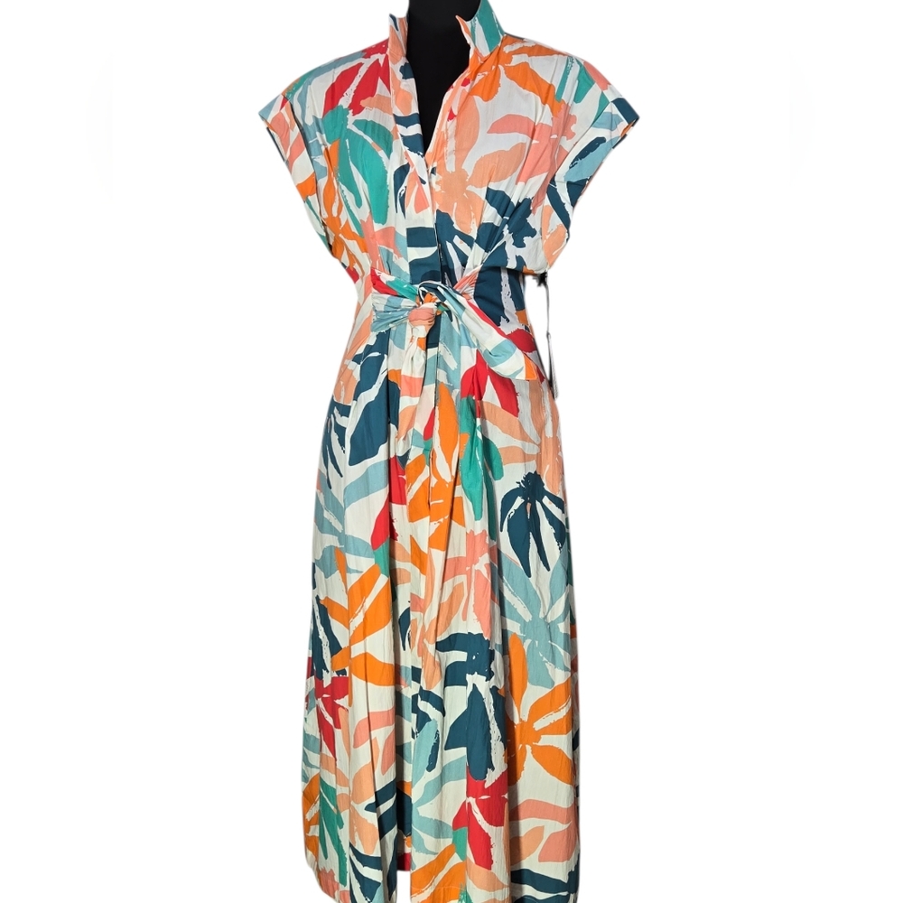 AP.NY Tropical Floral Midi Shirt Dress with Tie Waist - Multicolor - Picture 3 of 14